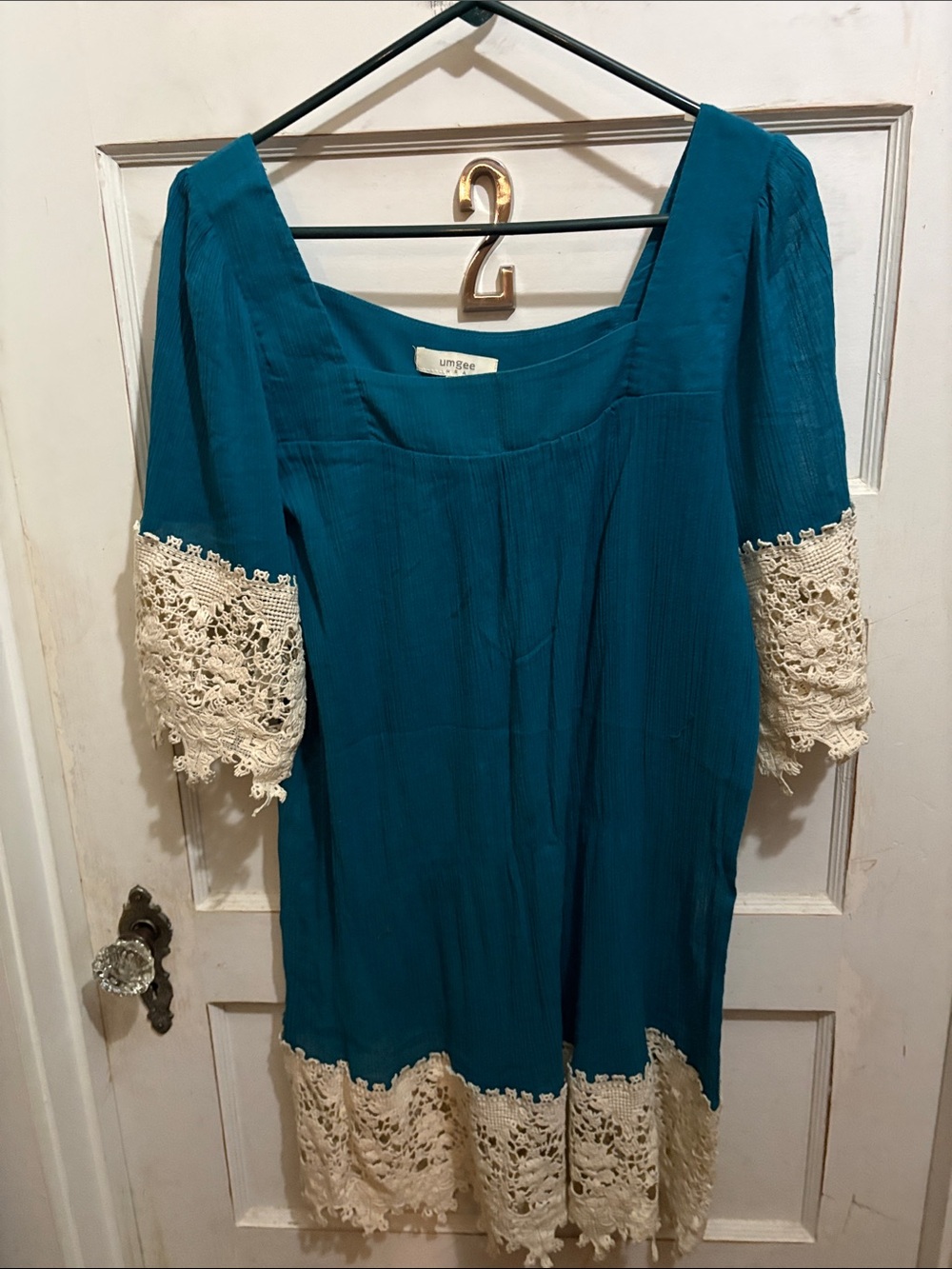 Umgee Teal Tunic with Cream Crochet Accents
